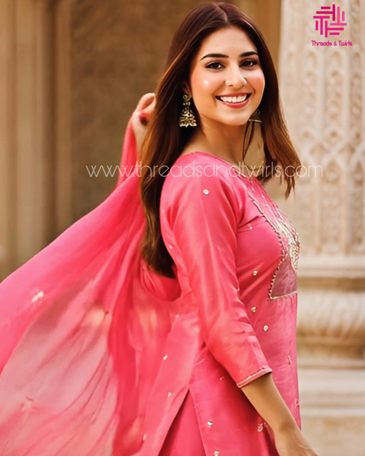 Pink Tissue Shimmer Salwar Suit with Peacock Yoke Embroidery | Threads & Twirls
