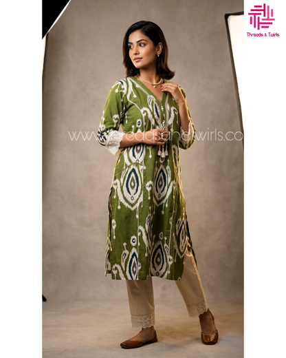 Olive Green Ikat Print Khadi Cotton Kurta Pant Set with Lace Detail