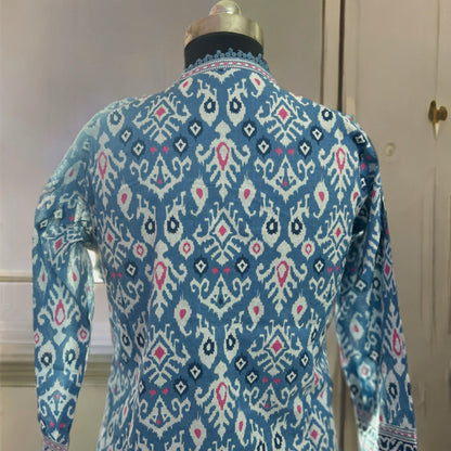 Blue Cotton Ikkat Kurta Set with Lace Detailing & Printed Dupatta | Threads & Twirls Exclusive