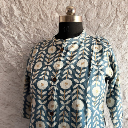 Light Blue A-Line Cotton Kurta with Kantha Work, Chinese Collar & Side Pocket – Elegant Everyday Wear