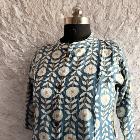 Light Blue A-Line Cotton Kurta with Kantha Work, Chinese Collar & Side Pocket – Elegant Everyday Wear