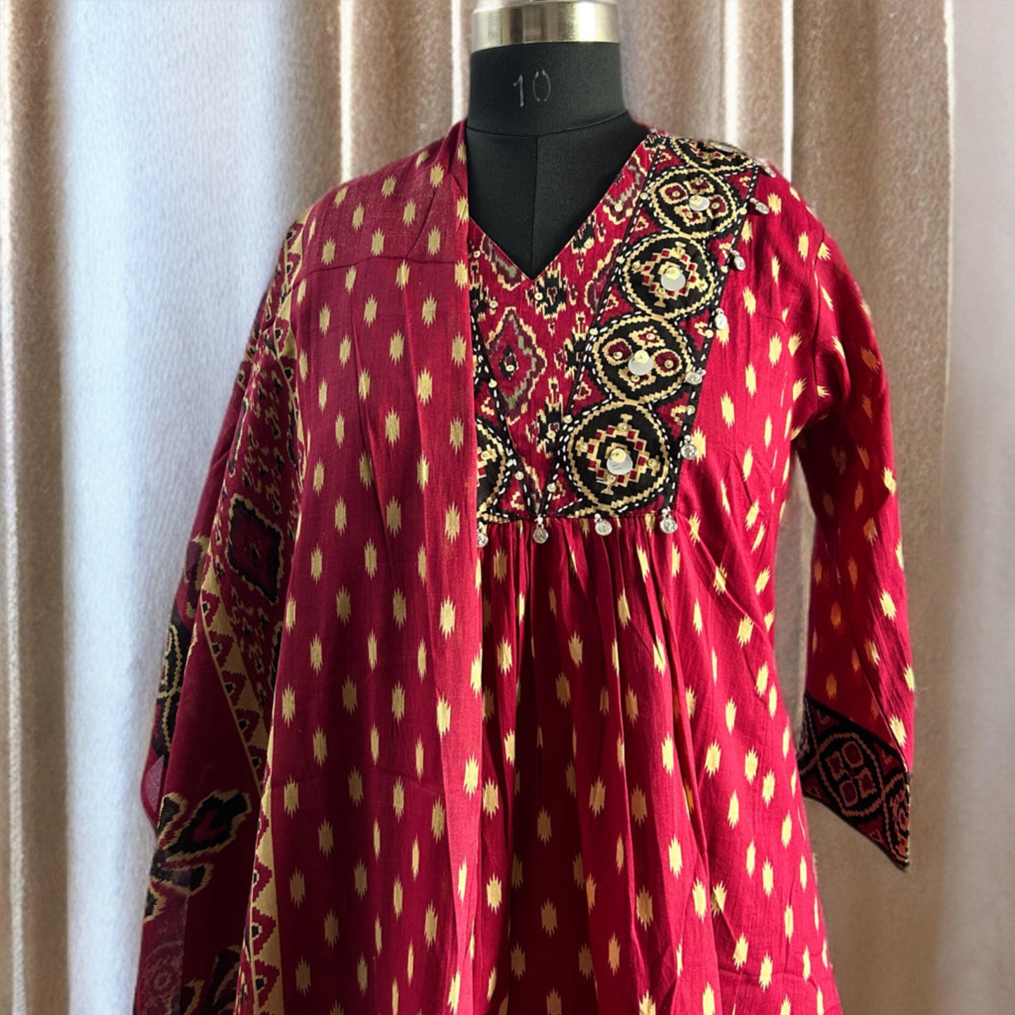 Burgundy Rajasthani Ikat Cotton Salwar Suit with Mirror Work, Printed Pant & Dupatta | Threads & Twirls