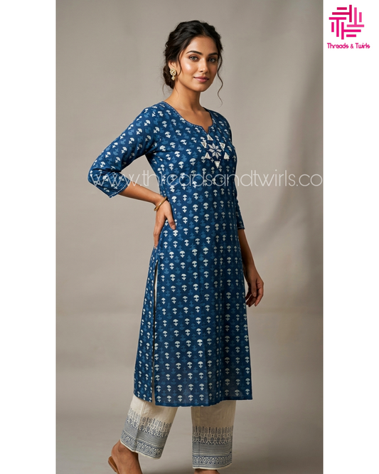 Indigo Kurta Set with Mirror Work Yoke and Contrast Salwar Pant & Attachable Sleeves – Ethnic Wear for Women