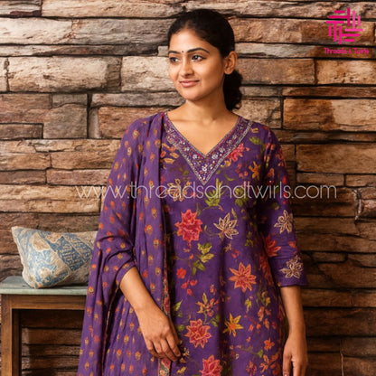 Purple Floral Cotton Suit Set with Embroidered Neckline | Pant & Dupatta Included