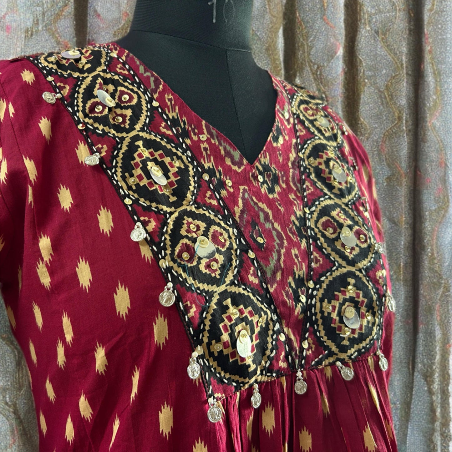 Burgundy Rajasthani Ikat Cotton Salwar Suit with Mirror Work, Printed Pant & Dupatta | Threads & Twirls
