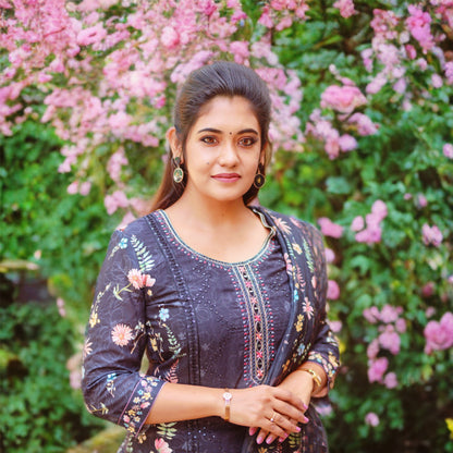 Black Floral Printed Linen Cotton Kurta Pant Set with Embroidered Yoke & Printed Dupatta – Elegant Festive Wear