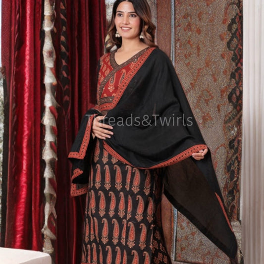 Sadhana - Cotton Salwar Suit - Black and Rust brown | Threads & Twirls