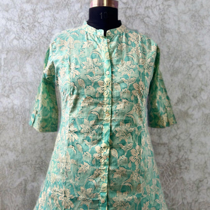 Green Cotton Kurtha Pant Set for Women – A-Line Princess Cut | Ethnic Casual Wear