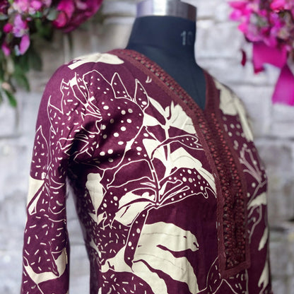 Maroon Beige Printed Cotton Kurta Pant Set with Embellished Yoke and Net Dupatta – Elegant Ethnic Wear