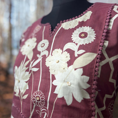 Maroon Cotton Kurta Pant Set with Embroidered Floral Yoke & Dupatta | Everyday Elegance