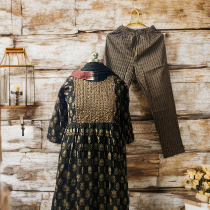 Black Cotton Gold Printed Suit Set | Pant & Dual Tone Dupatta