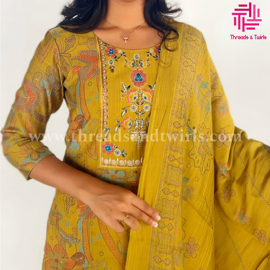 Mustard Yellow Viscose Silk Salwar Suit with Embroidered Yoke & Printed Dupatta | Threads & Twirls