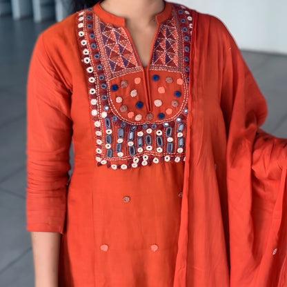 Rust Mul Chanderi Mirror Work Salwar Suit | Threads & Twirls