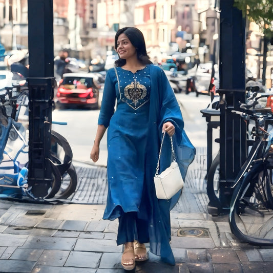 Royal Blue Mul Chanderi Salwar Suit with Peacock Embroidery | Threads & Twirls