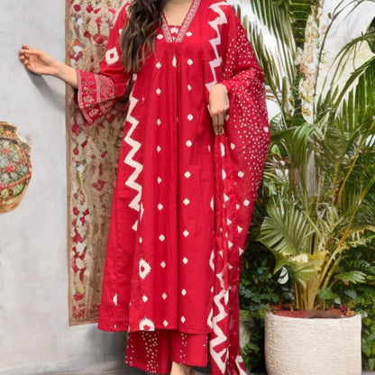 Priya - Block Print Suit Set - Red and White | Threads & Twirls
