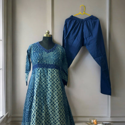 Indigo Blue and White Printed Anarkali Kurta with Solid Pant – Elegant Cotton Blend Set for Festive and Daily Wear