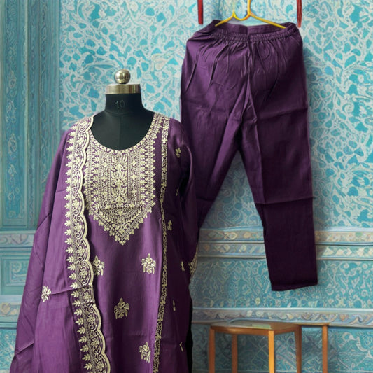 Regal Purple Silk Suit Set with Intricate Thread Embroidery on Kurta & Dupatta