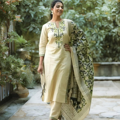 Yazhini - Floral Printed Viscose Rayon Kurtha Set - Cream & Green | Threads & Twirls