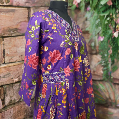 Purple Floral Cotton Suit Set with Embroidered Neckline | Pant & Dupatta Included