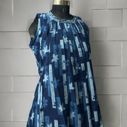 Indigo Halter Neck Cotton Kurti with Pocket & Attachable Sleeves – Pleated Floral Print