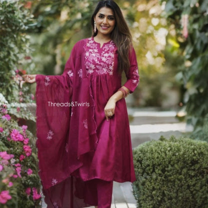 Aanya - Embroidered suit set - Magenta Pink | Threads & Twirls