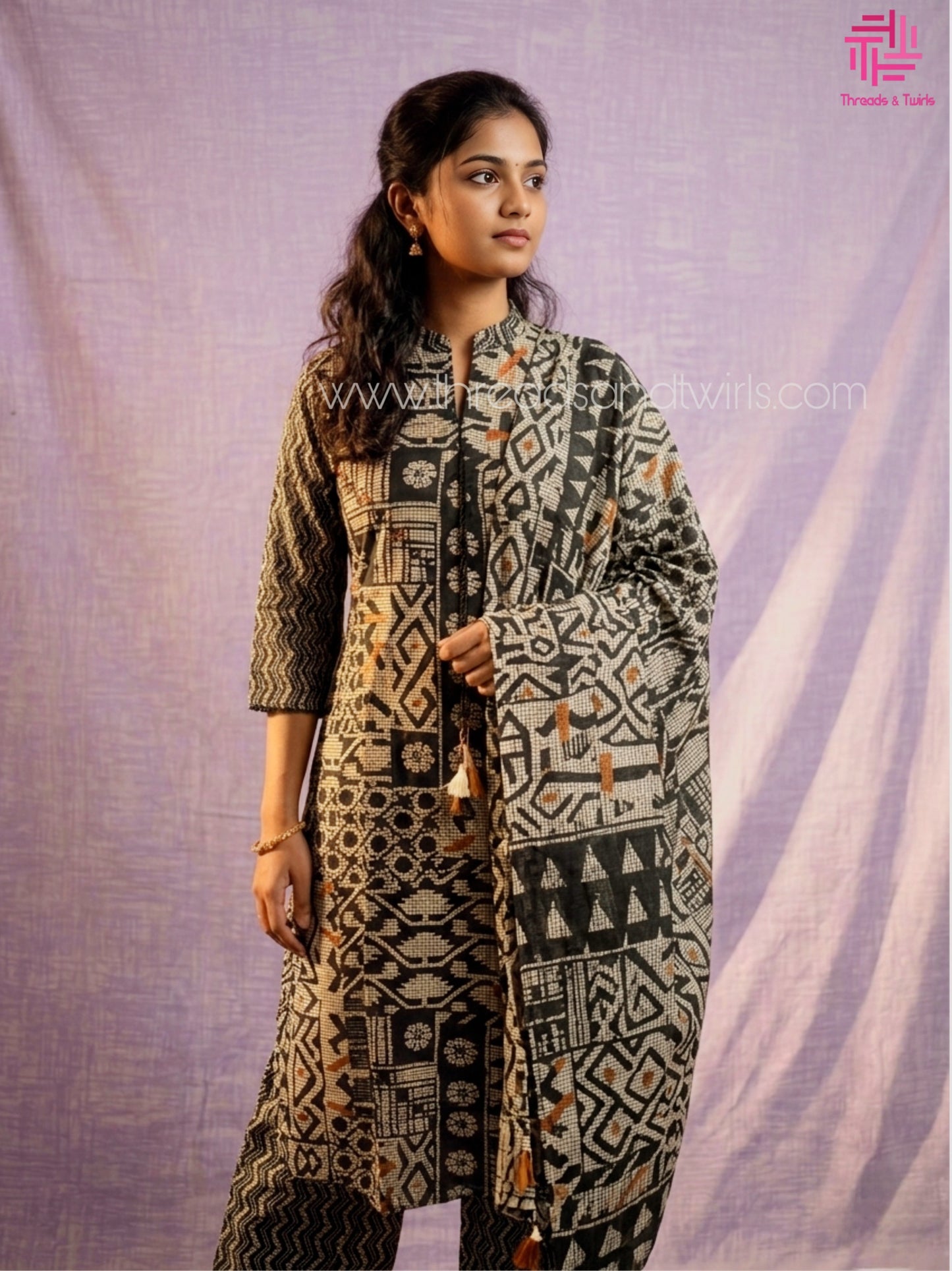 Black & Beige Geometric Printed Cotton Kurta Set with Straight Pants & Dupatta for Women