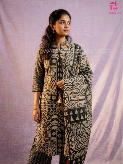 Black & Beige Geometric Printed Cotton Kurta Set with Straight Pants & Dupatta for Women