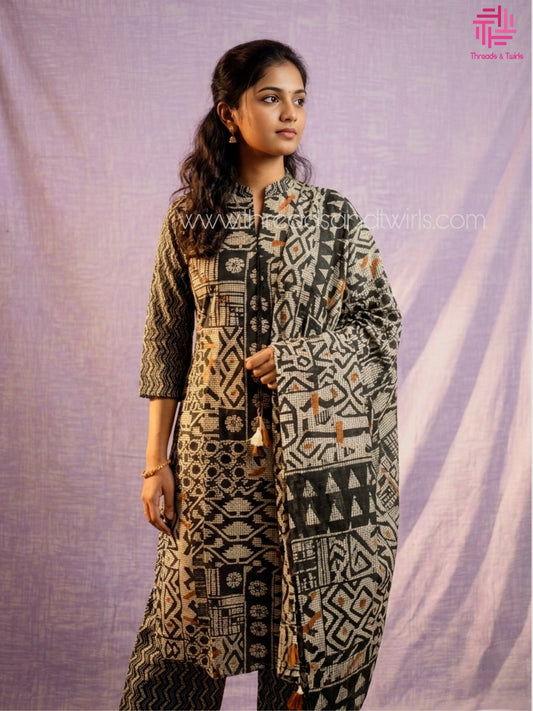 Black & Beige Geometric Printed Cotton Kurta Set with Straight Pants & Dupatta for Women