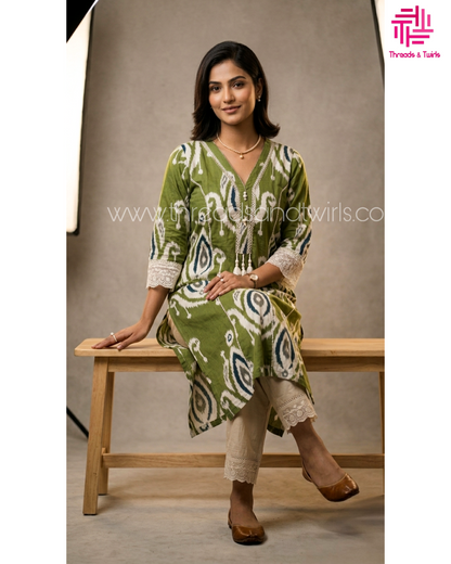 Olive Green Ikat Print Khadi Cotton Kurta Pant Set with Lace Detail