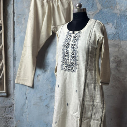 Handwoven Khadi Cotton Kurta Pant Set with Navy Blue Thread Embroidery – Elegant Everyday Wear