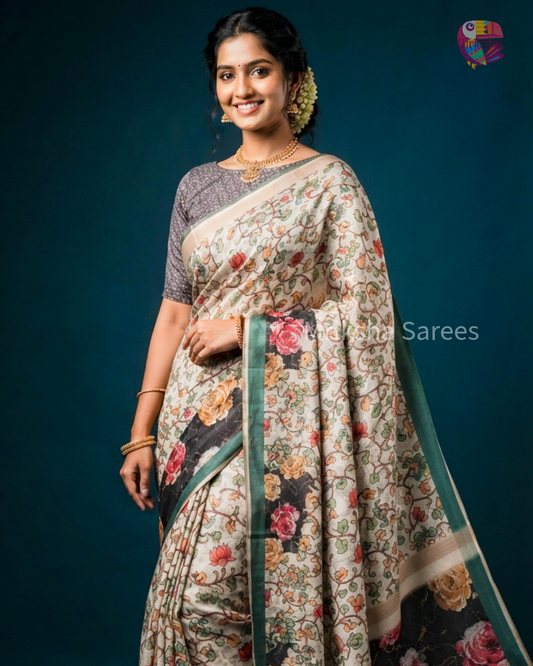 Mriksha Digital Printed Floral Saree with Contrast Blouse | Soft & Elegant | Threads & Twirls