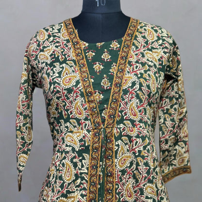 Elegant Kalamkari Green A-Line Suit with Embroidered Detailing