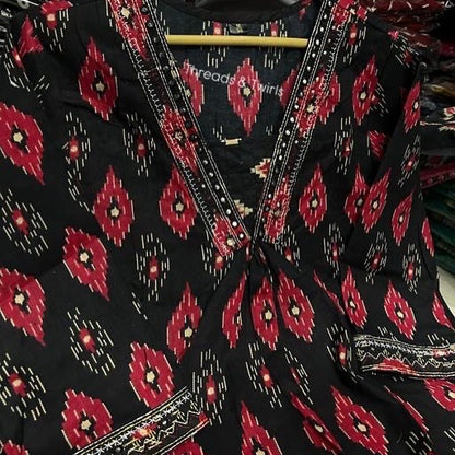 Akshara - Ikkat Suit Set - Black and Red | Threads & Twirls