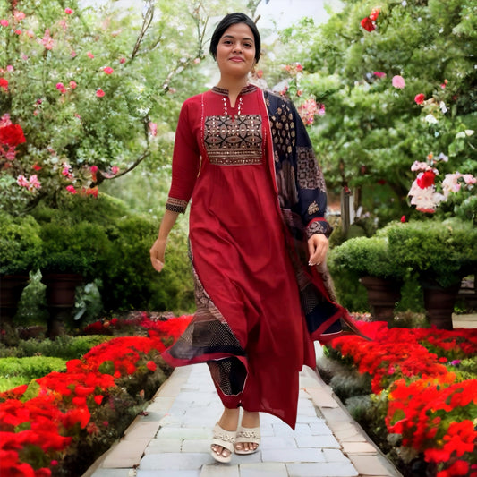Maroon Cotton Salwar Suit with Mirror Embroidered Yoke | Threads & Twirls