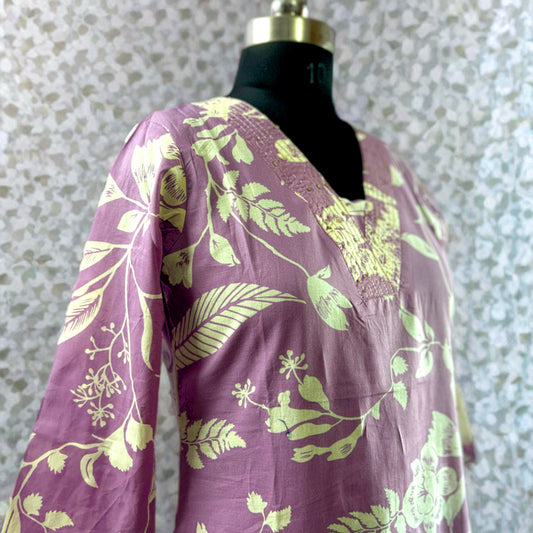 Mauve Floral Cotton Coord Set for Women – V-Neck Kurtha with Matching Pant | Office & Daily Wear
