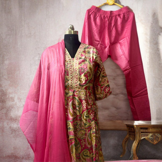 Pink Multicolor Printed Kurta Pant Set with Embellished Yoke and Soft Dupatta – Festive Ethnic Wear