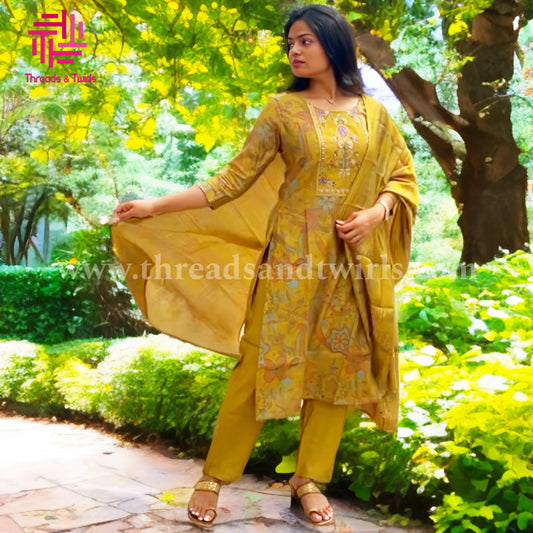 Mustard Yellow Viscose Silk Salwar Suit with Embroidered Yoke & Printed Dupatta | Threads & Twirls