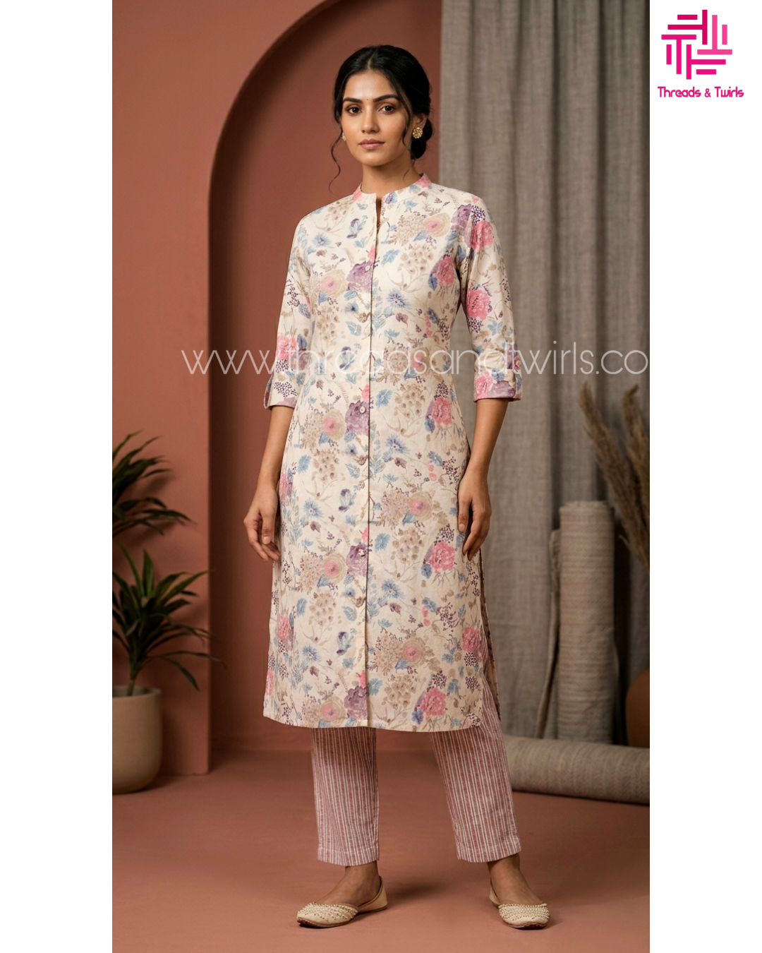 Pastel Floral Print Coord Set – Casual Cotton Co-ord with Striped Pants for Everyday Elegance
