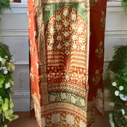 Rust Orange Embroidered Cotton Kurta Pant Set with Printed Chiffon Dupatta – Traditional Festive Wear