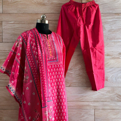 Pink Printed Rayon Kurtha Set with Pant & Dupatta | Threads & Twirls