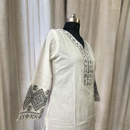 Pure White Cotton Coord Set with Black Tribal Embroidery