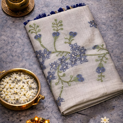 Cream Semi Tussar Silk Saree with Blue Handwoven Floral Kantha Work | Mriksha Sarees