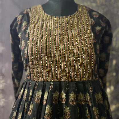 Black Cotton Gold Printed Suit Set | Pant & Dual Tone Dupatta