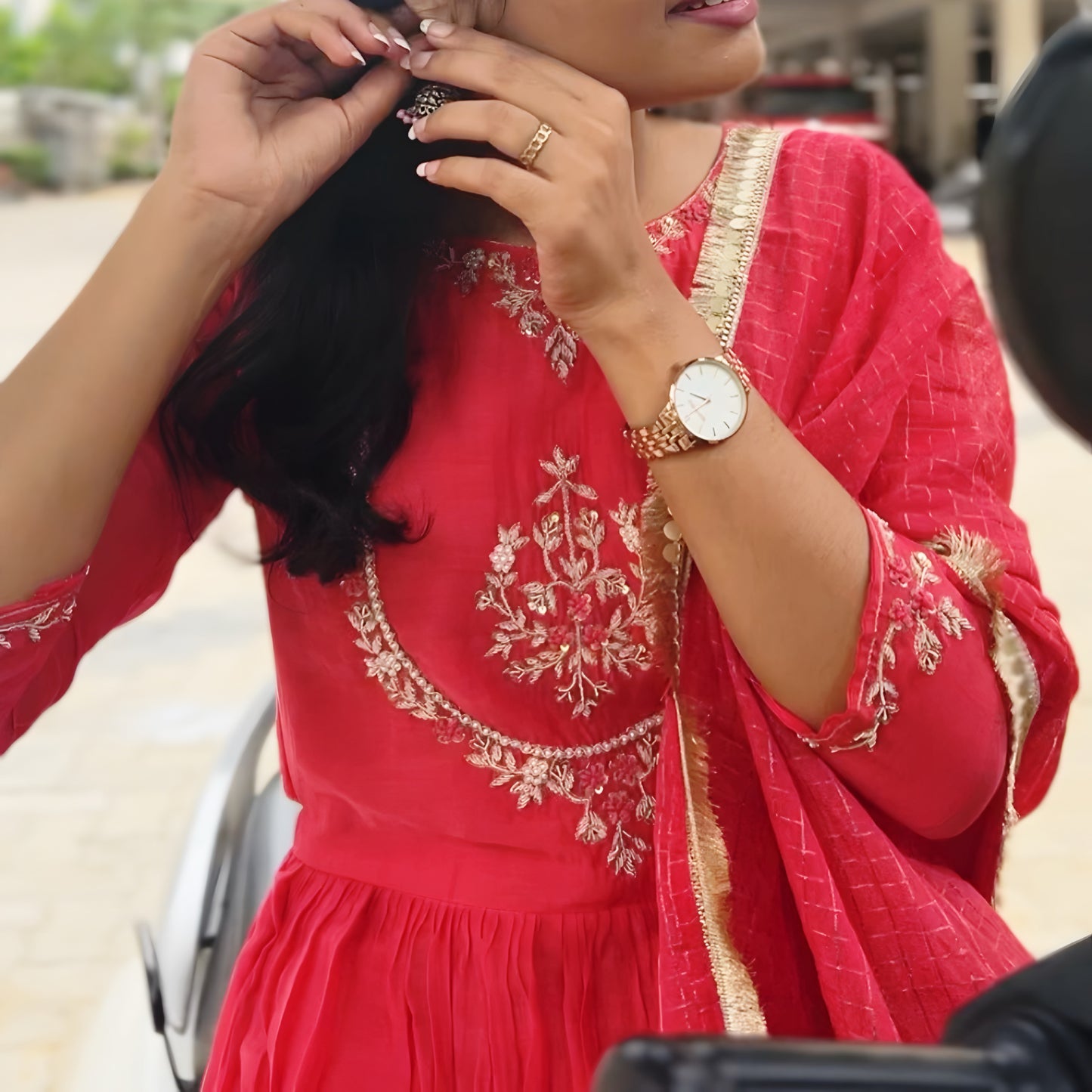 Tomato Pink Mul Chanderi Salwar Suit with Zari Embroidery – Festive Wear