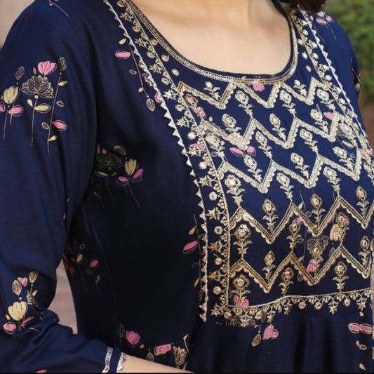 Printed Anarkali Kurta - Navy Blue | Threads & Twirls