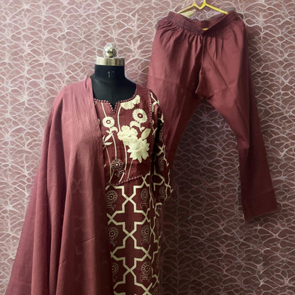 Maroon Cotton Kurta Pant Set with Embroidered Floral Yoke & Dupatta | Everyday Elegance
