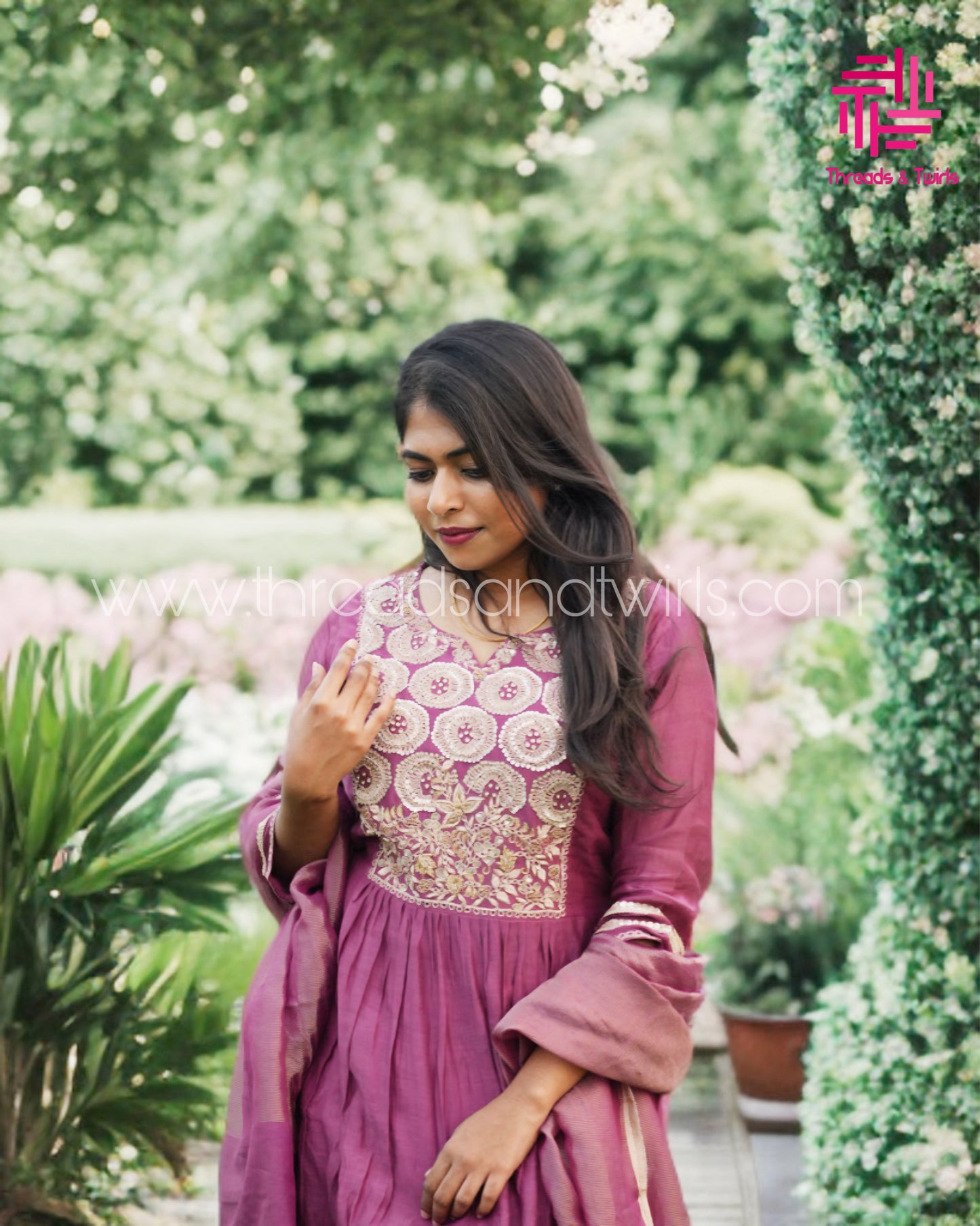 Wine Mul Chanderi Salwar Suit with Embroidered Yoke | Threads & Twirls