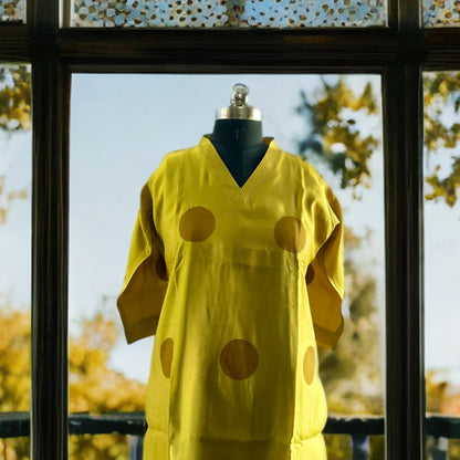 Mustard Yellow Polka Dot Rayon Kurti with V-Neckline – Casual & Chic | Threads & Twirls