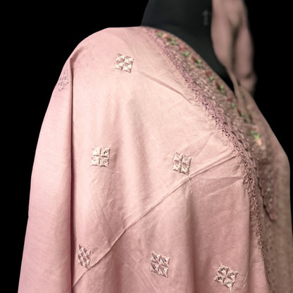 Mauve Pink Hakoba Straight Cut Salwar Suit with Embroidered V-Neck, Mirror Work Dupatta & Designer Pant