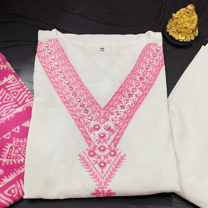 Lavanya - Flex Cotton Suit Set - White and Pink | Threads & Twirls